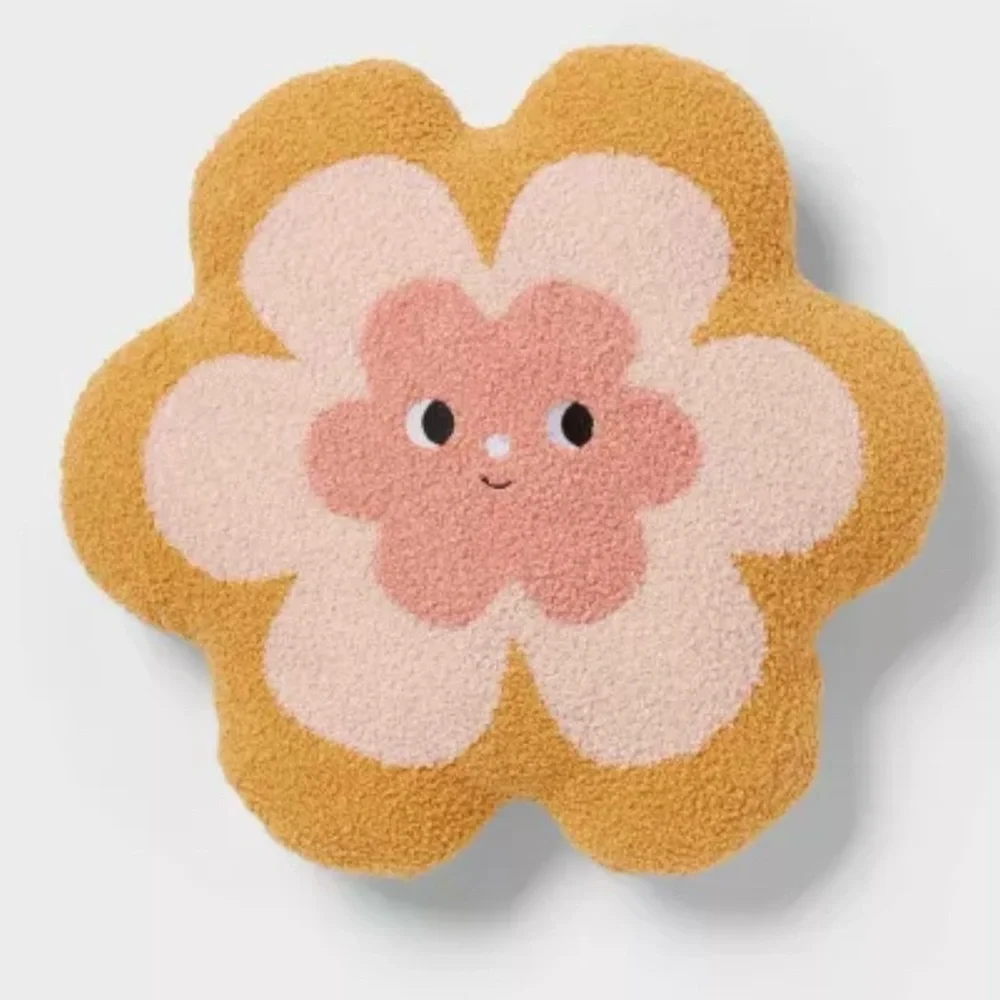 Pillowfort Happy Flower Bouclé Throw Pillow Pink Yellow Retro Kids Room NWOT